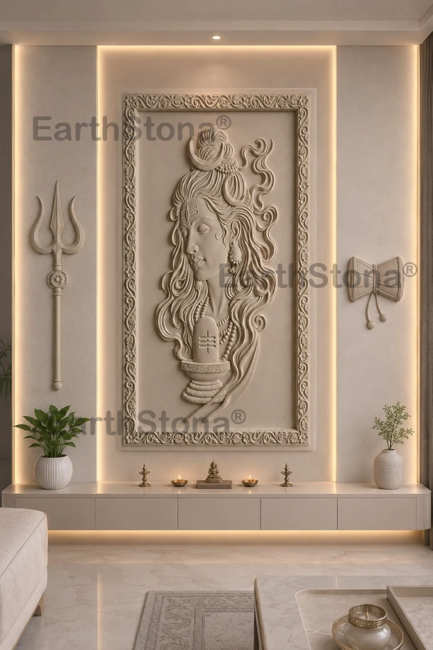 EarthStona Kailash Serenity Shivji Sandstone Wall Mural machine carved with hand finish for luxury home, temple and double height wall